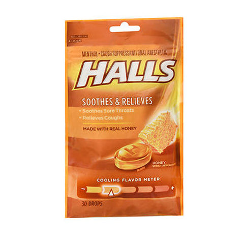 Halls, Soothe Menthol Cough Suppressant Oral Anesthetic Drops Honey, 30 Each Halls