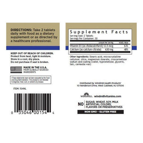 Windmill Health, Calcium Citrate + D, 60 Tabs