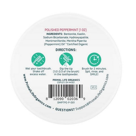 Primal Life Organics, Powdered Mineral Toothpaste With Nano-Hydroxyapatite Polished Peppermint, 1 Oz