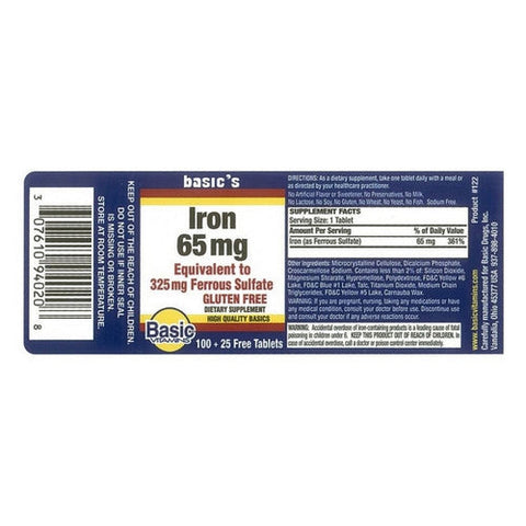 Basic Vitamins, Iron Ferrous Sulfate, 65 Mg, 100 Tabs Basic Vitamins