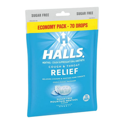 Halls, Cough Suppressant Oral Anesthetic Drops Sugar Free Mountain Menthol Flavor, 70 Count Halls