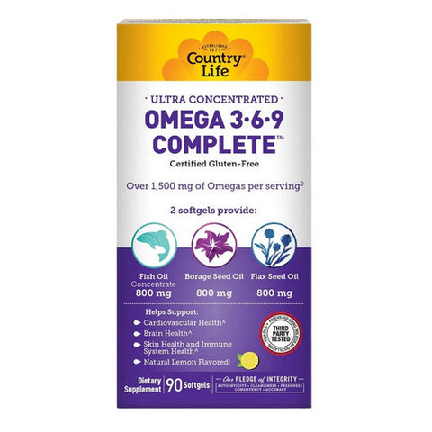 Country Life, Ultra Concentrated Omega 3-6-9 Complete Natural Lemon, 90 Softgel Country Life